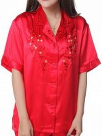 パジャマ 半袖レディース シルク100％ 無地刺繍 赤色 レッド 絹母の日 敬老の日 プレゼント ギフト